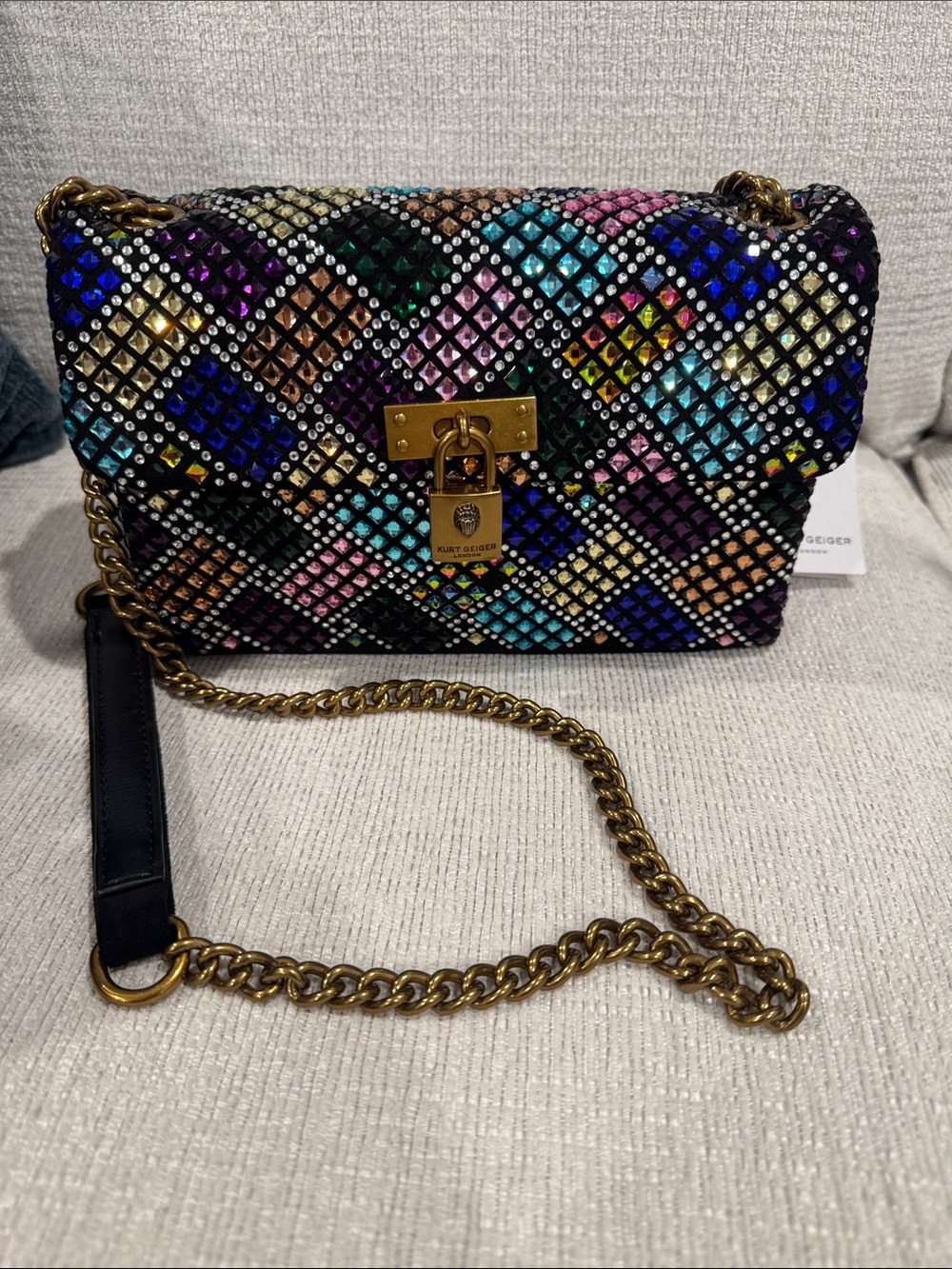 Kurt Geiger Multicolor Mosaic Crystal Chain Crossbody with Gold Hardware